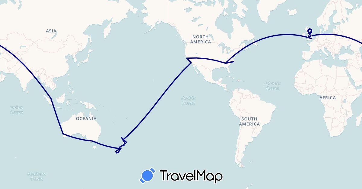 TravelMap itinerary: driving in Australia, United Kingdom, New Zealand, Singapore, United States (Asia, Europe, North America, Oceania)